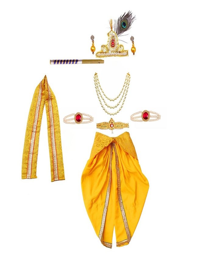 DESI ANDAAZ فستان DESI ANDAAZ Krishna للأطفال الأولاد (Dhoti، Patka، غطاء الورك، Mukut، Morpankh، Bansuri، Kamarband، Bajuband، Kundal) زي Little Krishna Ji Kanha Janmasthmi للأطفال (5-6 سنوات) (أصفر) - Image 2